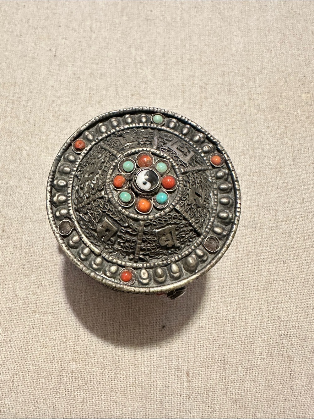 Vintage | Trinket Box | Silver-Tone Round Trinket Box Turquoise & Coral Accents